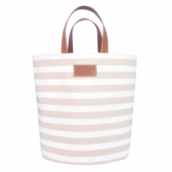 Las Bayadas El Ruben Tan White Striped Tote Leather Handles NWT - Picture 1 of 16